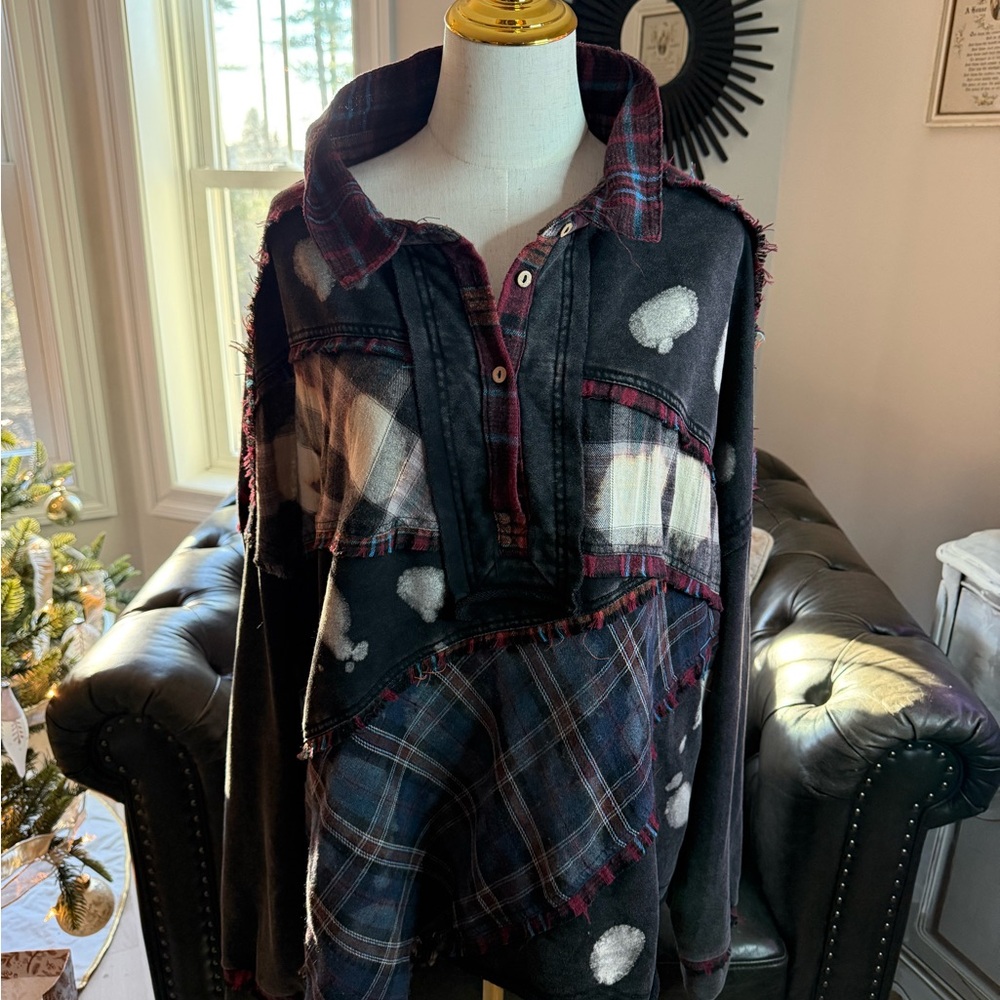 POL Black and Red Plaid Patchwork Top